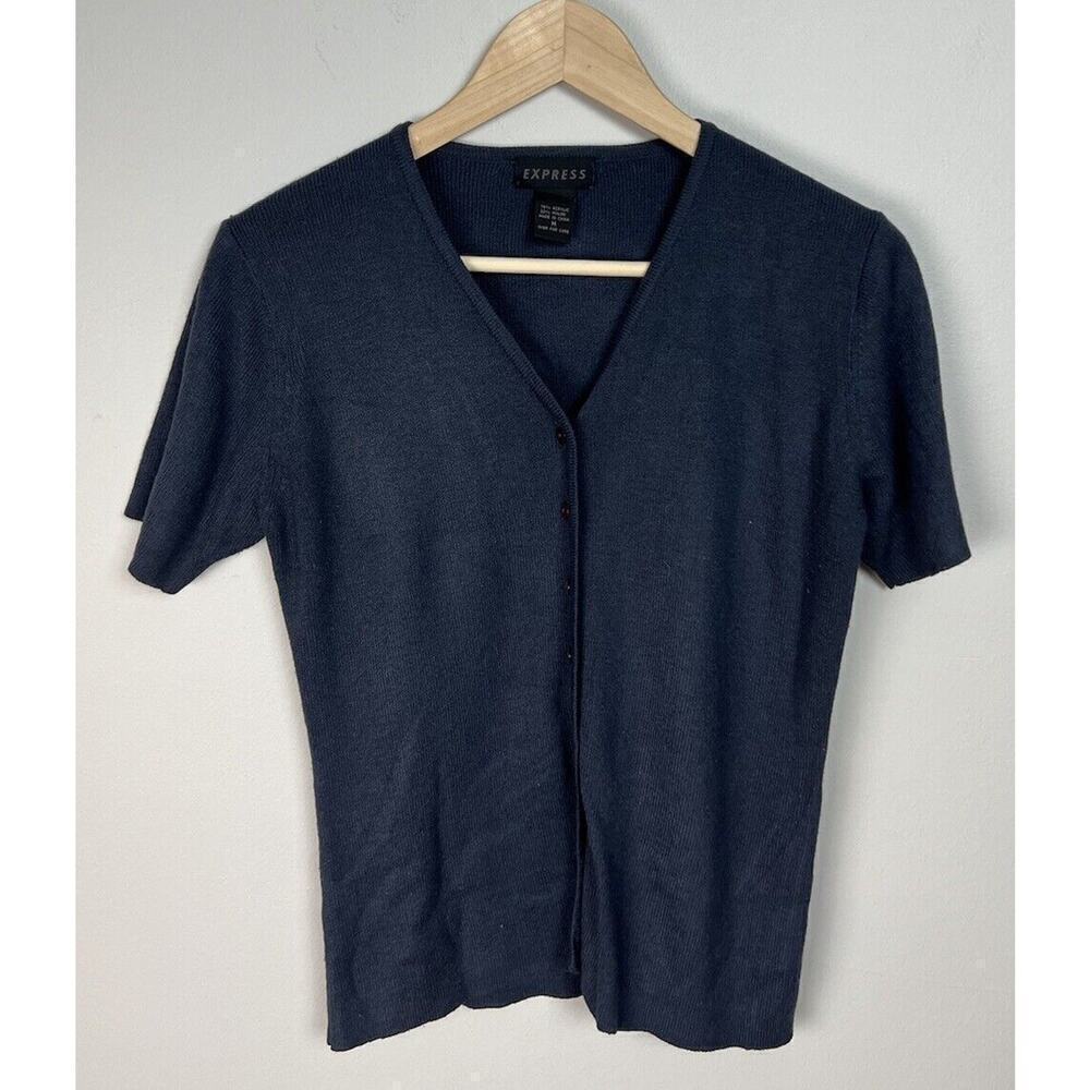 Vintage Express Button Down Short Sleeve Knit Y2K Navy Blue Size Medium Women’s